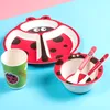 2021 Bamboo fiber children's tableware set, creative cartoon bowl, grid plate, spoon, fork, cup, five-piece gift 4 styles