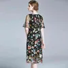 ファッション滑走路夏のドレス女性のフレアスリーブ花刺繍エレガントなメッシュ中空アウトミディドレス210520