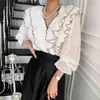 Spring Fashion and Elegant V-neck Fringed Ruffled Flared Sleeve Shirt + High-waisted Skirt C328 210507