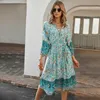 Elegant Bohemia Women Dress Spring Autumn Floral Print V Neck Three Quarter Sleeve Lace Up Sashes Casual Holiday Sundress Female 210526