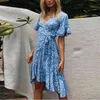 Kvinnor sommarblå Wrap Dress Beach Casual Midi Boho Es Flora Print Vintage Flare Sleeve Vestidos 210427