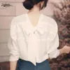 Camicetta in chiffon bianco tinta unita Top autunno stile coreano Top donna manica lunga posteriore con scollo a V Camicie dolci chic Blusas 11571 210508