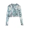 Yedinas Summer Långärmad T-shirts Blå Slips Dye Se genom Mesh Crop Tops Sexiga Slim Women Folds Design Korean Club Streetwear 210527