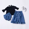 ファッション子供服セットブラックストラップトップ+デニムスカート+ PPショーツガール3ピースセット夏春の綿の子供女の子服セット210713