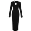 Женщины зимние платья сексуальные круглые шеи с длинным рукавом плотно высокого шеи черный тонкий сплит длинный платье клуб Bodycon вечеринка Vestidos 210625