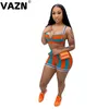 VAZN 2020 Summer Hot Striped Plus Size Beach Hollow Out Open Young Designer Mini Bikini Top Short Pants Slim Women 2 Piece Set X0428