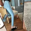 Jeans casuais femininos calças finas com decoração de botão com zíper confortável desgaste ao ar livre respirável