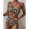 Strój kąpielowy Kobiety Bikini Damskie Sexy Jedno ramię Push Up Leopard High Waist Swimwear Kostium Kąpielowy Zestaw 210621