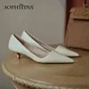 SOPHITINA Woman Yellow Mature Sexy Style Pumps Woman Shallow V- Shape Genuine Leather Med Thin Heel Dress Shoes PO992 210513