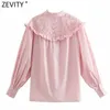 Zeefity Dames Sweet Agaric Kant Holle Borduurwerk Casual Roze Blouse Femme Lange Mouw Ruches Roupas Chic Blusas Tops LS9213 210603