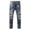 Italian Style Fashion Men Jeans Retro Dark Blue Elastic Slim Fit Ripped Distred Vintage Designer Casual Denim Pants 74MM