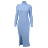 WannaThis Sexy Knee-Length Party Dresses Cotton Ribbed Knitted Turtleneck Solid Split Long Sleeve Autumn Mock Neck Elegant Dress X0529