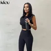 Kliou Solid Sportowy Trening Bez Rękawów Top I Spodnie Dopasowane Zestawy Kobiet Odzież Dorywczo Fitness Skinny Slim 2 sztuka Outfit 210819