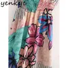 Letnie kobiety Vintage Multicolor Floral Print Dress Kobieta V Neck Krótki Rękaw Elastyczny Talia A-Line Casual Długie 210430