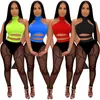 ZOctuo Sexy Club Party Dames Set Mesh See Hoewel Tops Sweatpant Jogger Pak Trainingspak Uitsnede Broek 2 Stks Matching Set Outfit Y0625