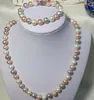 8-9mm Mixed Colors Natural Pearl Beaded Necklace+ Bracelet 925 Silver Clasp Women's Gift Jewelry