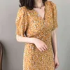 Zarif Çiçek Şifon Elbise kadın Yaz V Yaka İpli Lace Up Bel Kısa Kollu Orta Buzağı Elbiseler 210427