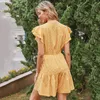 Women Summer V-neck Butterfly Sleeve Dress Casual Elastic Bandage Dress Single Breasted Short Sleeve DOT Mid-Length Dress 210712