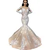 Abiti da sposa vintage a sirena a maniche lunghe champagne con applicazioni in pizzo avorio con perline Aso Ebi arabo 2022 abiti da sposa girocollo trasparente abito da sposa taglie forti