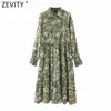 Zevity Women Vintage Floral Leaves Print Pleats Green Midi Shirt Dress Female Chic Flare Sleeve Casual Kimono Vestido DS8185 210603