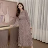 Midi Long Dressスリーブスタンド襟高い弾性ウエストヴィステッドス秋女性ビンテージ花柄プリントシフォン10530 210508