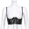 Streetwear Gothic Black Pu Faux Läder Skörd Top Kvinnor Med Tunn Rem Sommar Kors Lace Up Punk Tank Corset Outfits 210510