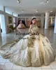 Champagne oro Bead 2022 Abiti Quinceanera Lace Up Appliqued Manica lunga Ball Gown Prom Party Wear Sweet 16 Dress Vestidos1150700