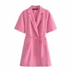 Za kvinnor sommar mode rosa blazers kortärmad smal klänning kappa vintage kvinnlig ytterkläder med bälte 210602