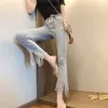 Jeans med pärlor Tassel Rhinestones Vintage Skinny High Waist Stretchy Petite Ankel Elastic Denim Pants 210510