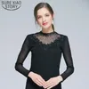 Spring Autumn Lace Bottom Shirts Women Black Mesh Long Sleeve Top Thin Slim Solid Turtleneck s Blouses 6633 50 210510