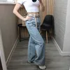 Yedinas Spring Autumn Retro Style Hög midja Solid Color Wide Leg Jeans Women Street Slim Straight Ladies 210527