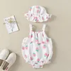 Barboteuses 2pcs Born Girl Infant Baby Girls Bretelles Fraise Imprimer Romper Sunsuit Chapeau Body Enfants Tenues Clothes4263892