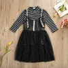 Fashion Infant Baby Girl Dress Abbigliamento Top a righe a maniche lunghe + StrapLace Abito in tulle Abiti Set 2-7Y Q0716