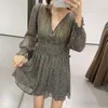 Women Summer Vintage Dot Print Dress Long Sleeve V-Neck Buttons Elastic waist Female Elegant A-Line Mini Dresses Vestidos 210513