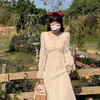 Mulheres vintage elegante chiffon fada vestido francês primavera doce sopro de manga longa cintura alta casual festa feminina feminina 210519