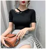 oネック半袖シャツ女性リブセクシートップス夏カジュアルスキニースリムリテラル刺繍基本的な女性Tシャツトップス210507