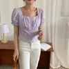 Lila sommarflickor Femme High Waist Broderi Street Chic T Shirts Puff Sleeves Casual OL Blouses 210525