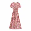 Blommig lång klänning kvinnor rosa midi sommar kvinna vintage ruched slit kort puff ärm elegant damer es 210519