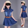 Summer Dresses For Girls Casual Girls Dress With Belt Solid Short Sleeve Denim Dress GirlsTeenage Kids Clothes 8 10 12 14 Year Q0716