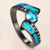 Wedding Rings Charm Female Blue Opal Stone Ring Trendy 14KT Black Gold Vintage Bride Round Zircon Engagement For Women3426624