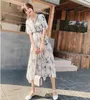 Letnia damska Vintage etniczne styl V-Neck Drukuj Szyfonowa Dress Moda Wysoka Talia Casual Slim Sukienki Szata 210518