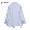Yitimuceng babados blusa listrado camisa mulher camisa solta primavera moda manga longa virada coleira Única tops peito 210601