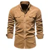 Herrskjorta Business Casual Single Breasted 100% Bomull Mode Solid Corduroy Man S Höst Slim Top EU Storlek 220307