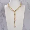 Guaiguai smycken odlade rosa keshi pärla blandad färg rektangel cz pave lång kedja halsband handgjorda för kvinnor riktiga ädelstenar sten la3936471