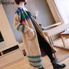 Korean V Neck Maxi Knit Cardigans Allentati Plus Size Maglione Donne Contrasto Colore Patchwork Pull Donne Femme Hiver Coat 46274 210422