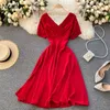 Neploe V Neck Short Sleeve Temperament Dress Women High Waist Hip A Line Solid Vestidos Summer Solid Robe Slim Holiday 210510