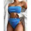 Sexy Hoge Taille Bikini Badpak Vrouwen Ruche Swimwear Striped Set Off Shoulder Bandeau Badpak Zomer Beachwear 210630