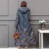 Chinese Style Women's Winter Down Cotton Jacket X-long Printing Loose Thick Outwear Hooded Covered Button Female Cold Coat 210923