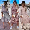 Deenor Verão Vintage Floral Impressão Maxi Vestidos Para Mulheres Manga Longa V-Neck Ruffles Senhoras Primavera Casual Praia Vestidos X0521