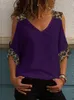 レディースTシャツ女性Tシャツビンテージ女性2022夏のヒョウ柄Vネック3/4スリーブプラスサイズのレディースオフショルダートップカジュアル